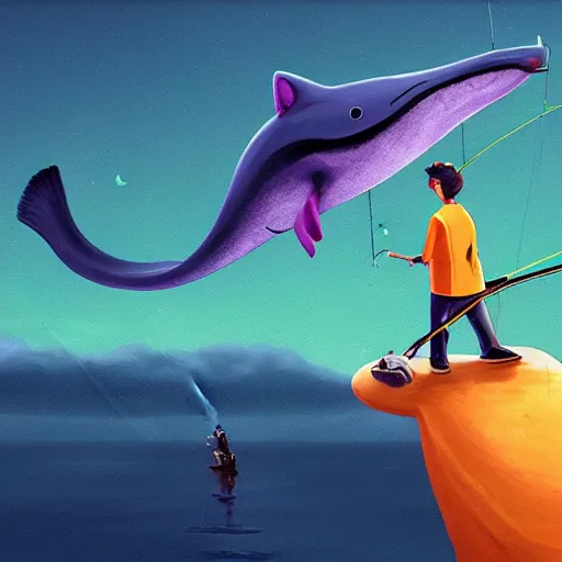 Image similar to an anthropomorphic cat is holding a fishing rod, trying to fish the blue whale in the cloudy colorful sky , digital art, trending on Artstation