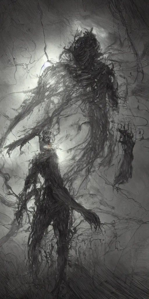 Prompt: concept art of only one man with his body covered in burns, with black smoke coming out of his hands, full body, dark colors, sinister atmosphere, dramatic lighting, cinematic, establishing shot, extremely high detail, photo realistic, cinematic lighting, pen and ink, intricate line drawings, by Yoshitaka Amano, Ruan Jia, Kentaro Miura, Artgerm, post processed, concept art, artstation, matte painting, style by eddie mendoza, raphael lacoste, alex ross,