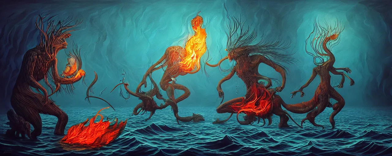 Image similar to mysterious bestiary of wild emotion monsters repressed in the deep sea of unconscious of the psyche lead by baba yaga, about to rip through and escape in a extraordinary revolution, dramatic fire glow lighting, surreal painting by ronny khalil