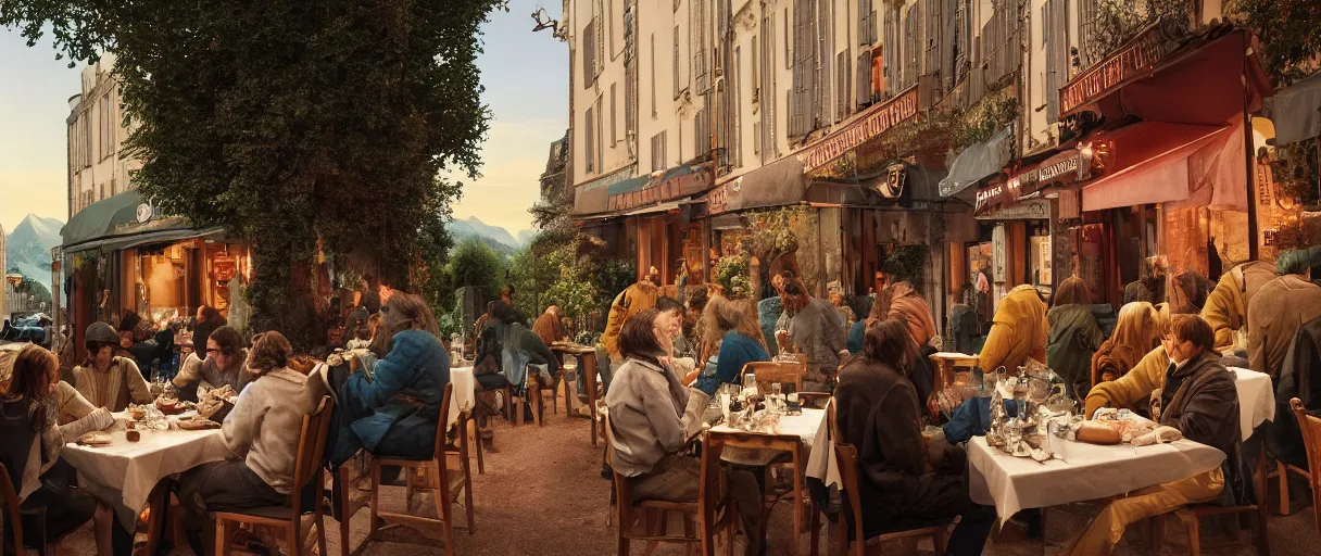 Image similar to accidentally wes anderson award - winning photograph of yeti and bigfoot eating lung outside paris restaurant, accidental renaissance, golden ratio, fibonacci composition, 4 k, detailed, art by greg rutkowsky, trending on artstation, cinematic lighting, filmic grain, golden hour, detailed, 4 k