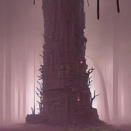 Image similar to monumental old ruins tower of a dark misty forest, overcast, sci - fi digital painting by simon stalenhag