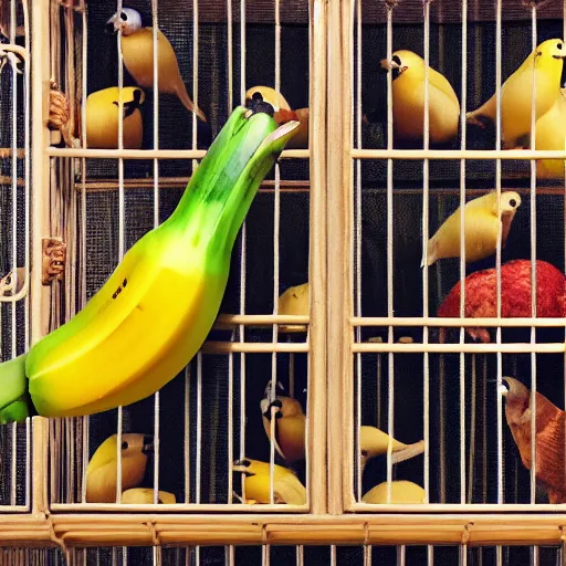 Prompt: a photo of a bird cage with a banana inside it, realistic, ultra high detail, 8 k.