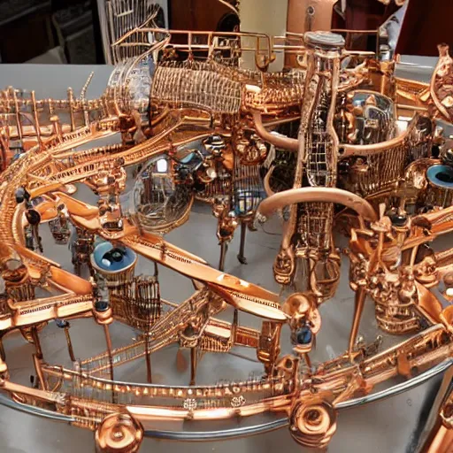 Prompt: isometric view of a large rube goldberg machine made of copper and glasswork, intricate mechanisms, rivets, glass vials, glass bulbs, beautiful