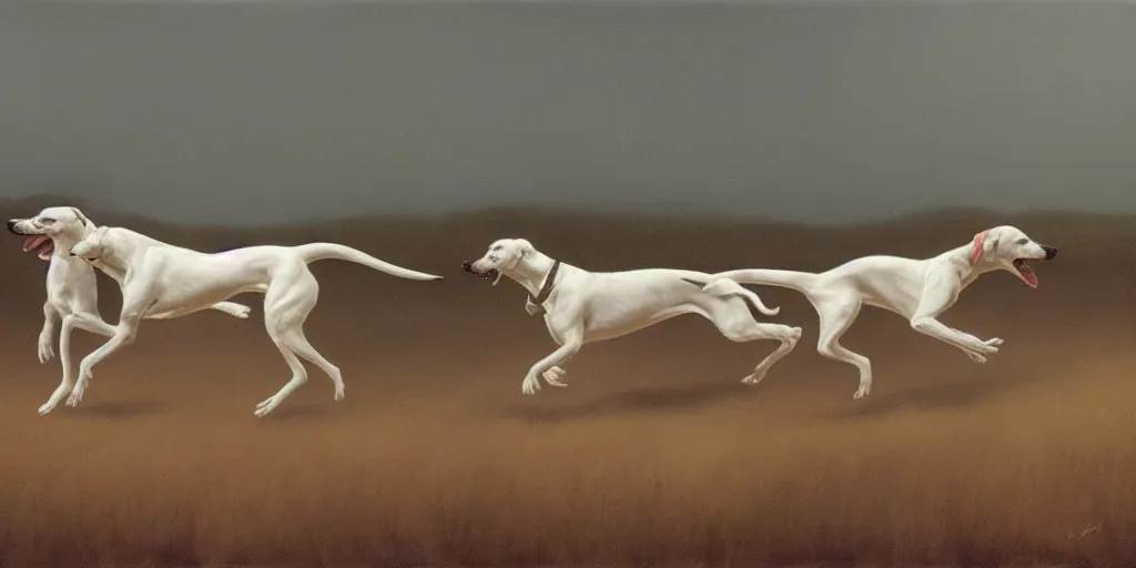 Prompt: white greyhounds running in the fields at night, dark atmosphere, painted by phil hale and piotr jablonski