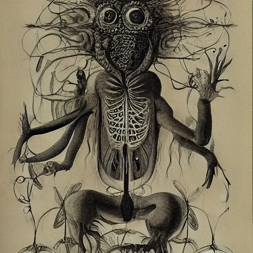 Image similar to whimsical freaky creature sings a unique canto about \'as above so below\' being ignited by the spirit of Haeckel and Robert Fludd, breakthrough is iminent, glory be to the magic within