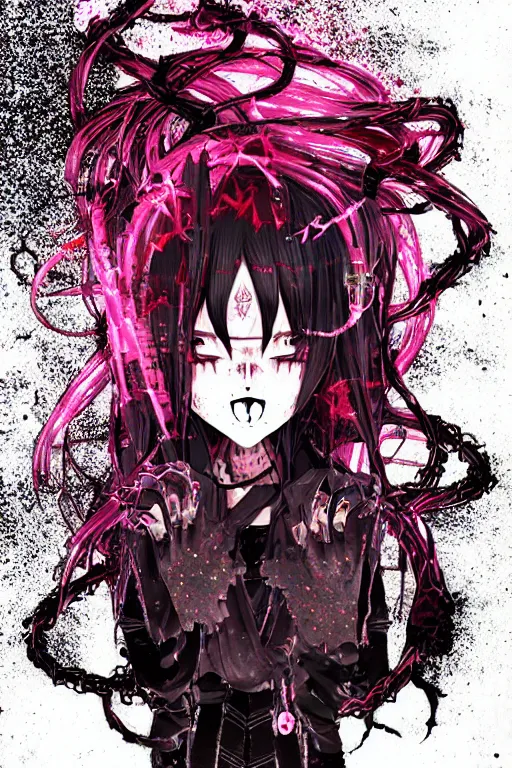 Image similar to glitchcore yokai girl, shadowverse character concept, found footage horror, glitter gif | Fatalistic (Bleak, Gloomy) | The red dump has nothing but bleak black industrial music to accompany it. | spiked korean bloodmoon sigil stars draincore, gothic demon hellfire hexed witchcore aesthetic, dark vhs gothic hearts, neon glyphs spiked with red maroon glitter breakcore Y2K horrorcore metal album cover