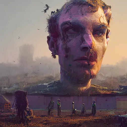 Image similar to a farm of human heads, Simon Stalenhag, Wadim Kashin, 4K, cinematic