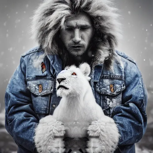 Prompt: an award winning National Geographic picture of a white lion wearing a denim Jacket in the snow by Lee Jeffries, 85mm ND 5, perfect lighting in a snow storm