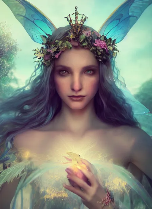 Image similar to beautiful beautiful full body portrait fairy faerie fey fae queen soft highly detailed CGsociety subtle enchanting alluring magical concept art volumetric lighting unreal engine octane render 4k