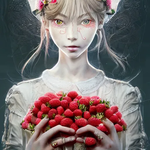 Image similar to the portrait of an absurdly beautiful, graceful, elegant, sophisticated, fashionable little girl made of strawberries and white petals looking down, an ultrafine hyperdetailed illustration by kim jung gi, irakli nadar, intricate linework, bright colors, octopath traveler, final fantasy, unreal engine 5 highly rendered, global illumination, radiant light, detailed and intricate environment