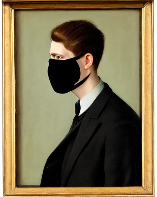 Image similar to portrait of young man wearing black medical mask, suit and tie, style of james c. christensen