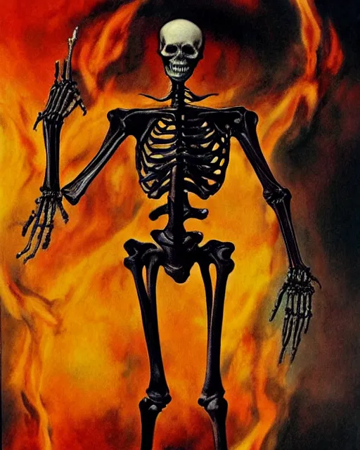 Image similar to skeletal figure with fiery angry red eyes, airbrush, drew struzan illustration art, key art, movie poster