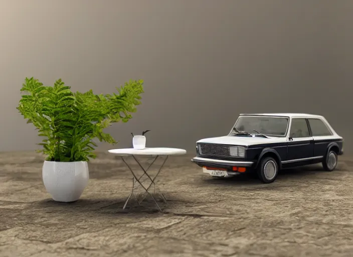 Image similar to a small miniature of a Ford Cortina 1980 on a white table near a book and a vase with a plant, 3d render, octane render, unreal engine 5, path tracing, serene landscape, calm, relaxing, beautiful landscape, highly detailed, high quality, 4k, symmetrical, low contrast