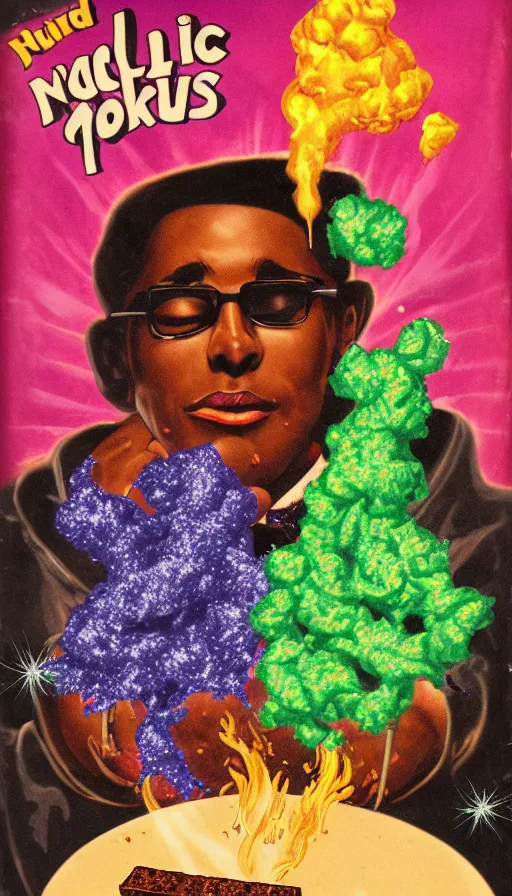 Image similar to pulp cover of a magical chocolate chunks cookie, wizard, fantasy, tetrahydrocannabinol, thc, hallucination, colored smoke, sparkles, sativa, indica, illustration, 5 0 s, risography,