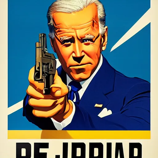 Image similar to propaganda poster of joe biden pointing gun directly at camera in james bond movie, closeup of gun, visible barrel and grip by j. c. leyendecker, bosch, lisa frank, jon mcnaughton, and beksinski