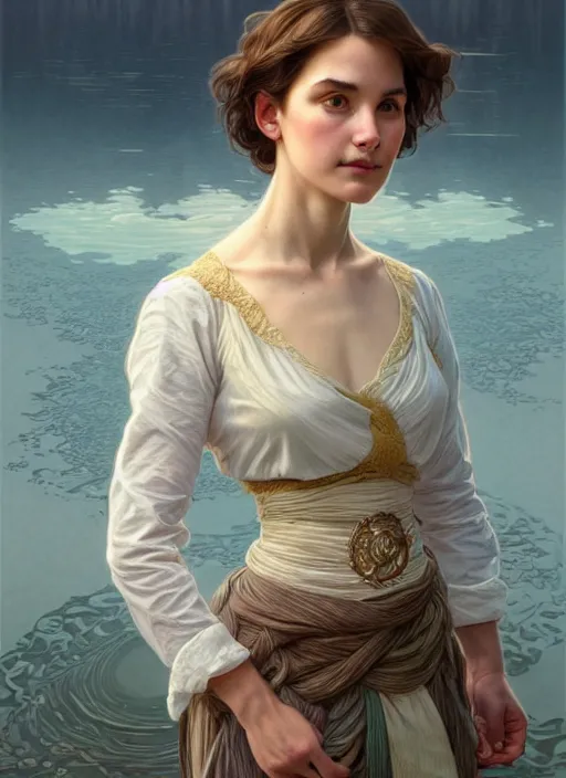 Image similar to full body portrait of a woman with short wavy hair, round face, cottagecore!!, lake water, intricate, enlightenment, highly detailed, digital painting, artstation, concept art, smooth, sharp focus, illustration, art by artgerm and greg rutkowski and alphonse mucha