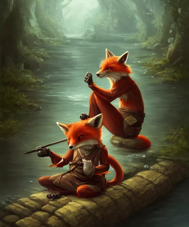 Prompt: a portrait of an anthropomorphic ninja fox meditating, sitting by a river, cute and adorable, dnd character art portrait, well rendered matte fantasy painting, deviantart artstation, by jason felix by steve argyle by tyler jacobson by peter mohrbacher, cinematic lighting