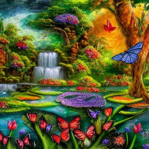 Prompt: beautiful landscape with pond and waterfall and giant butterflies detailed painting in the style of josephine wall 4 k
