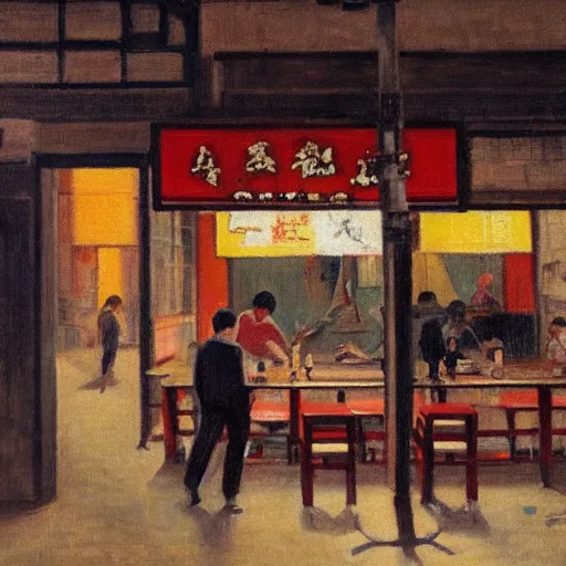 Image similar to Hopper painting of people in a cafe at night in Kowloon Walled City, Hong Kong