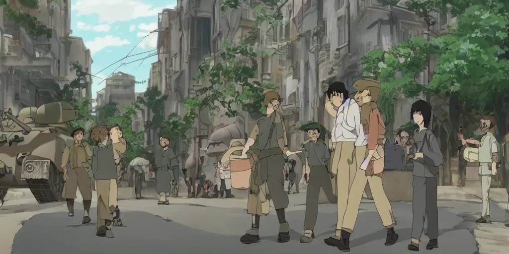 Image similar to wholesome animation studio Ghibli of a young soldier walking near some nazists and tanks in the city of Genova. Sharp bloom dramatic lightning