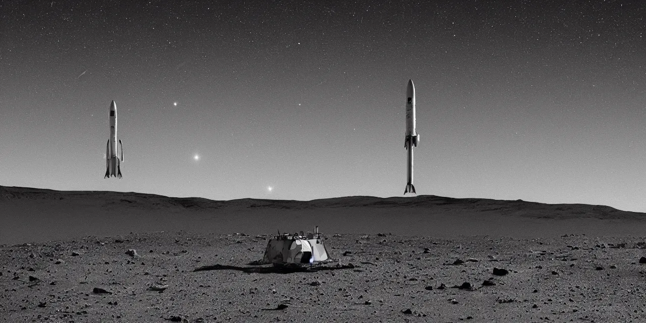 Image similar to black and white photo of a rocket landing on mars, stars and space in the dark background, cinematic film still, sharp focus, high contrast, wide angle view, astrophotography, 4 k