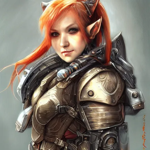 Image similar to portrait of a female elf orc by ayami kojima, she is about 2 0 years old, american pretty, copper hair, annoying but friendly, she is wearing a modern tactical gear, scifi, highly detailed portrait, digital painting, artstation, concept art, smooth, sharp foccus ilustration, artstation hq