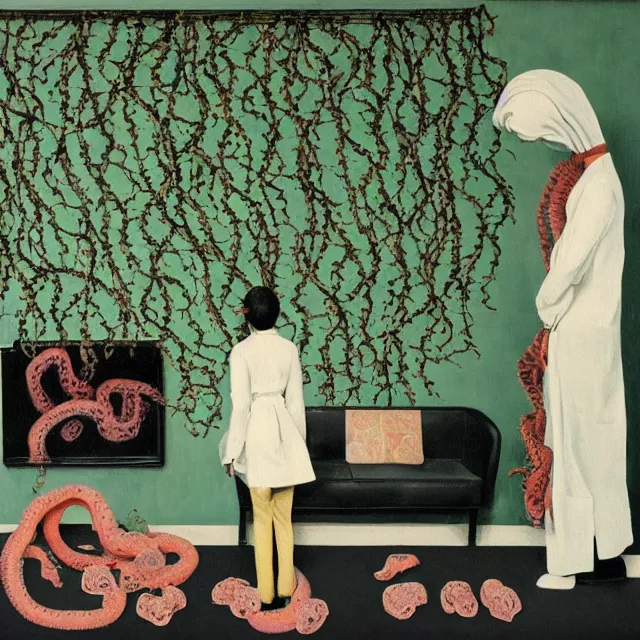 Image similar to a female pathology student in her apartment, wrapped in vines, medical equipment, stepping stones, octopus, pig, parrot, black walls, ikebana, black armchair, sculpture, acrylic on canvas, surrealist, by magritte and monet