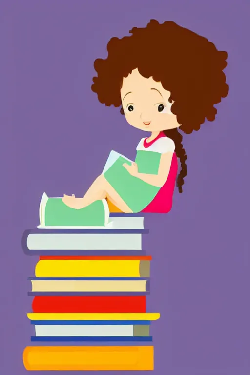 Image similar to a little girl sits cross legged on top of a tall pile of books. she is reading. clean elegant pretty cartoon painting, flat colors, beautiful detailed face.