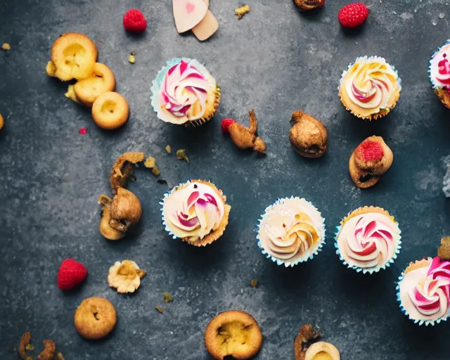 Image similar to dslr food of delicious cupcakes with slices of picke on them, 8 5 mm f 1. 4