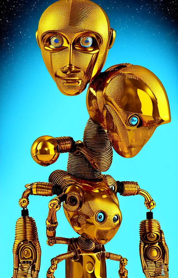 Image similar to portrait of a robot humanoid alien with golden armature, monkey alien face and medieval helmet. Galactic iridescent background in the style of Tim white and moebius