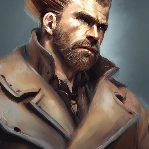 Image similar to portrait of a muscular, grim, ponytail haired blonde man in his late 30's, wearing a thick brown leather coat, looking to his side, half of the face scarred, hunter, DnD character, fantasy character, digital art by Ruan Jia, Krenz Cushart, Rossdraws and Boris Vallejo