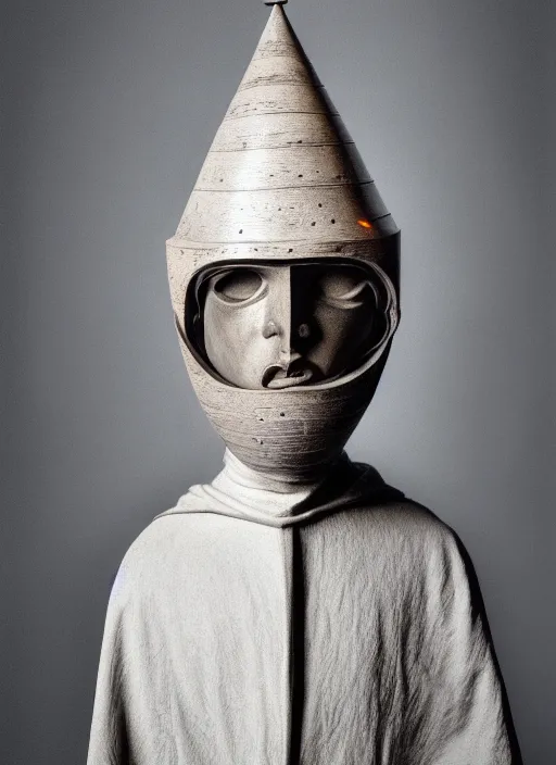 Image similar to realistic photo portrait of a a sculpture of medieval scientist ritual monk cone hat helmet made of wood, with plastic details detailed, electricity laser beam aura, sci - fi, greyscale 1 9 9 0, life magazine photo, natural colors,