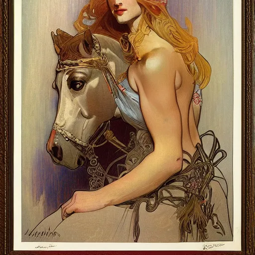 Prompt: A blonde horsewoman by Alphonse Mucha