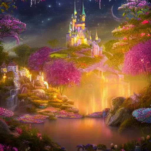 Image similar to a single glittering fairy castle at night, a full moon, water and colourful flowers, extremely detailed oil painting, unreal 5 render, fantasy digital art, octane render, beautiful composition, trending on artstation, award-winning photograph, masterpiece