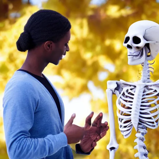 Image similar to a female skeleton talking to a male skeleton.