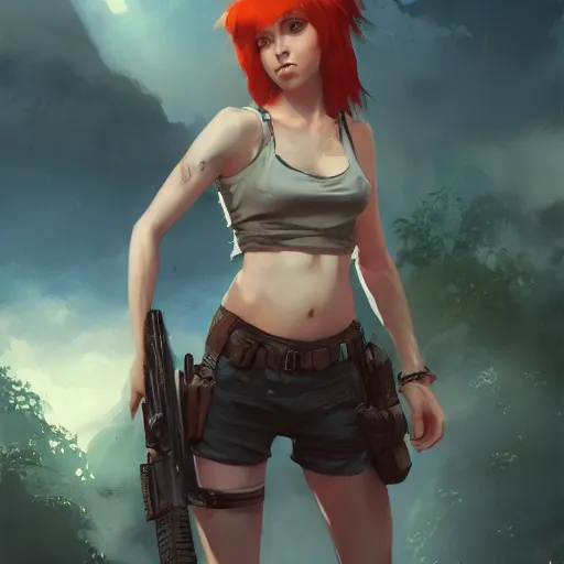 Image similar to A redheaded girl wearing a crop top, shorts and wielding a gun, character design by charles bowater,greg rutkowski,ross tran,hyperdetailed,hyperrealistic,4k,deviantart,artstation,professional photography,concept art, anime