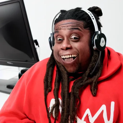 Prompt: obese Lil Wayne wearing a headset yelling at his monitor while playing WoW highly detailed wide angle lens 10:9 aspect ration award winning photography erasure head