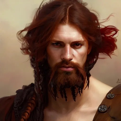 Image similar to portrait of a young rugged pirate, male, masculine, upper body, red hair, long hair, d & d, fantasy, intricate, elegant, highly detailed, digital painting, artstation, concept art, matte, sharp focus, illustration, art by artgerm and greg rutkowski and alphonse mucha