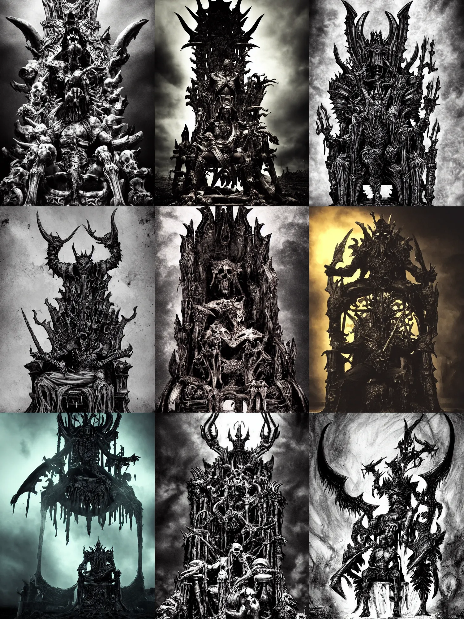 Prompt: unkillable demon king on a throne of bones, gothic, moody lighting