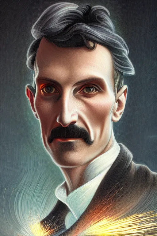 Prompt: a portrait of Nikola Tesla with a background of sparks and electricity, bright lighting, fog, volumetric lighting, intricate, elegant, highly detailed, digital painting, artstation, concept art, smooth, sharp focus, art nouveau, art by artgerm and raymond swanland and alphonse mucha