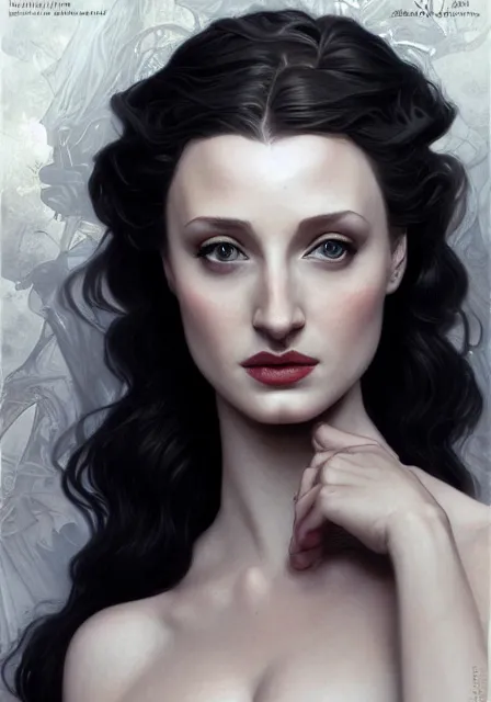 Image similar to sansa angeline jolie gessica chastain in black, intricate, elegant, highly detailed, digital painting, artstation, concept art, smooth, sharp focus, illustration, art by artgerm and greg rutkowski and alphonse mucha and william - adolphe bouguereau