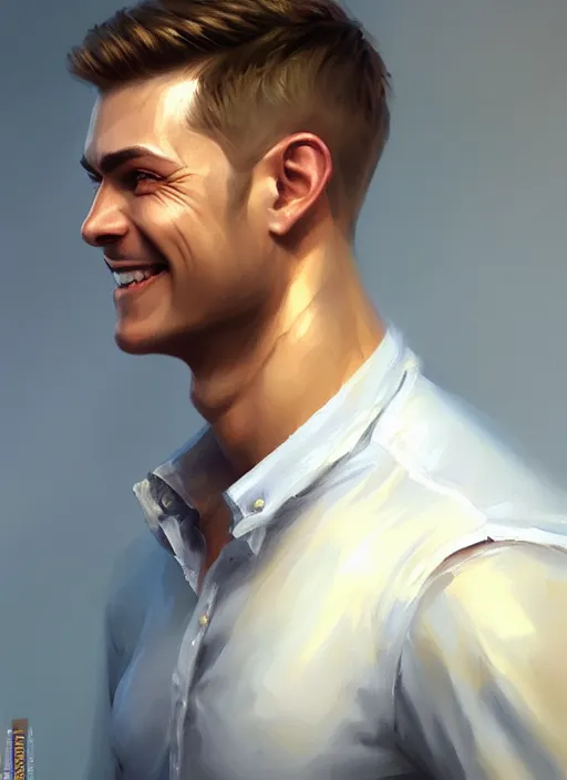 Image similar to a _ fantasy _ style _ portrait _ painting _ of white male short fringe light brown hair short head smiling clean shaven round face rpg dnd oil _ painting _ unreal _ 5 _ daz. _ rpg _ portrait _ extremely _ detailed _ artgerm _ greg _ rutkowski _ greg