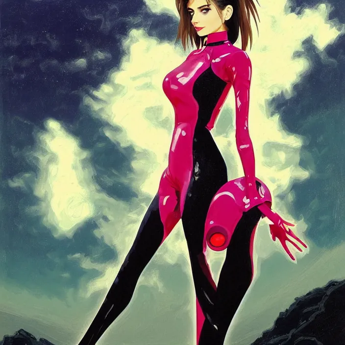 Prompt: full body portrait of a combination of Ashley Greene, Victoria Justice and Adriana Dxim, Grace Kelly and Lily Collins wearing a Plugsuit from Neon Genesis Evangelion, countryside, calm, fantasy character portrait, dynamic pose, above view, sunny day, thunder clouds in the sky, artwork by Jeremy Lipkin and Giuseppe Dangelico Pino and Michael Garmash and Rob Rey and Greg Manchess and Huang Guangjian, very coherent asymmetrical artwork, sharp edges, perfect face, simple form, 100mm