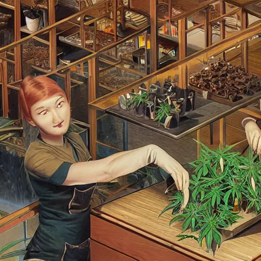 Image similar to cannabis hospitality industry, aussie baristas, isometric fun style pic, by ren hang and steve hanks, australian style video game still