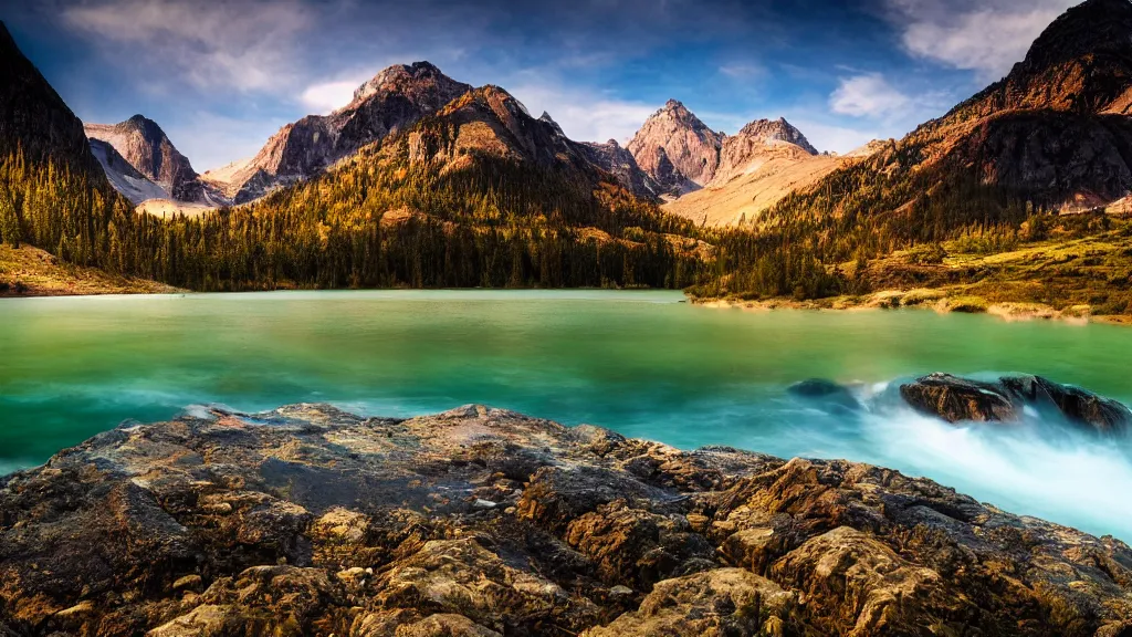 Prompt: a beautiful photo of a national park with mountains and water, award-winning photography