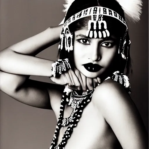 Image similar to a beautiful professional photograph by hamir sardar, herb ritts and ellen von unwerh for the cover of vogue magazine of a beautiful and unusually attractive native yanomami female fashion model looking at the camera in a flirtatious way, leica 5 0 mm f 1. 8 lens