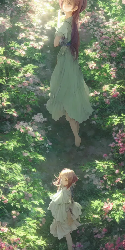 Prompt: a digital art full of atmosphere of a loli with long hair in a dress in the privet garden at after noon, green and warm theme, low angle, back lighting, highly detailed, 4 k resolution, trending on art station, by krenz cushart and mucha and akihito yoshida and greg rutkowski and makoto shinkai