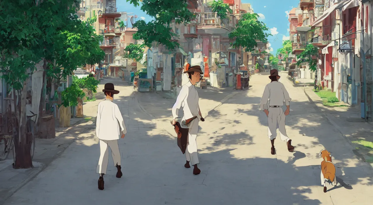 Image similar to a young man wearing a canotier cuban hat, crisp white linen shirt and slacks, leather boots, walking in a havanese stree in 1 9 0 0, genndy tartakovsky, atey ghailan, goro fujita, studio ghibli, rim light, mid morning lighting, clear focus, very coherent