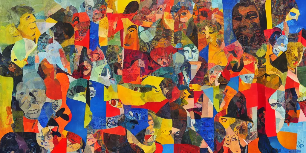 Prompt: people smile, collage, acrylic on canvas, expressionism movement, breathtaking detailed, by blake neubert