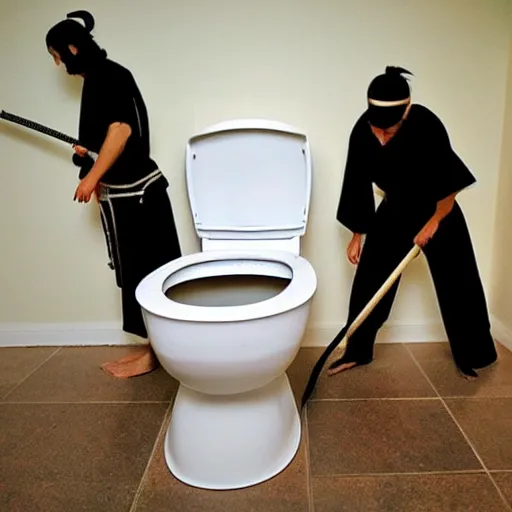 Prompt: samurai cleaning the toilet